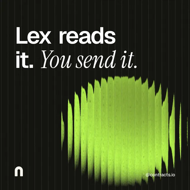 Instagram post for contracts.io: "Lex reads it. You send it." Auto 1x1 style, technique:shader field layout, dark palette in black, green.