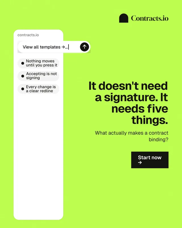 Instagram portrait post for contracts.io: "It doesn't need a signature. It needs five things." Swiss style, right layout, light palette in green, white.