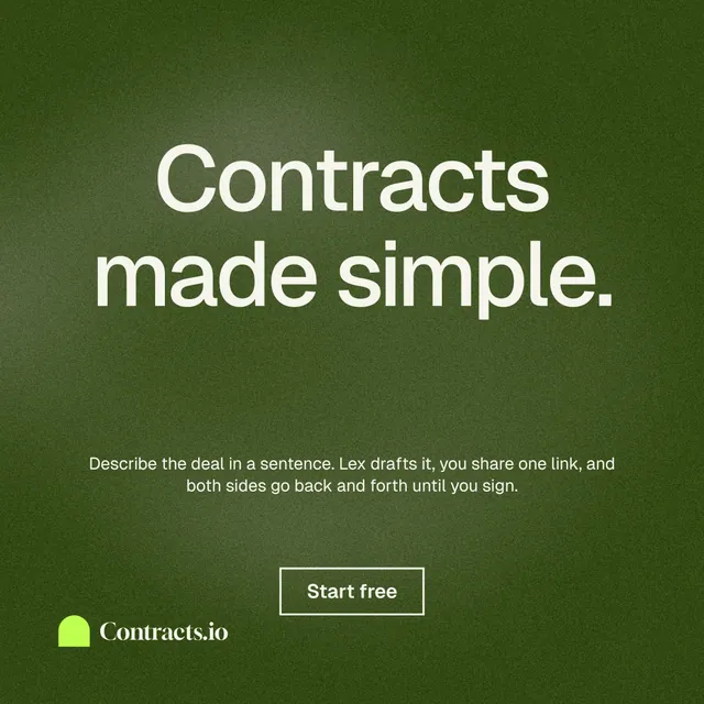 Instagram post for contracts.io: "Contracts made simple." Cyanotype style, centred layout, dark palette in green, grey.