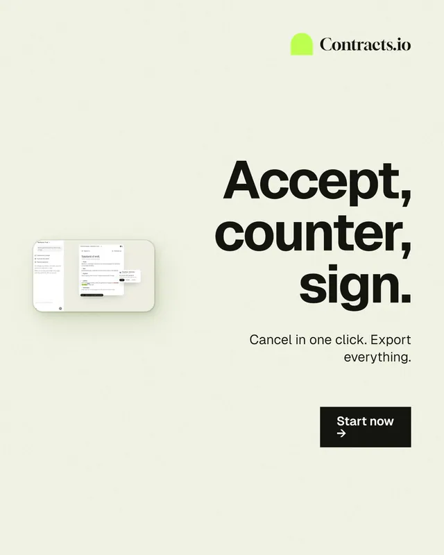 Instagram portrait post for contracts.io: "Accept, counter, sign." Swiss style, right layout, light palette in white, grey.