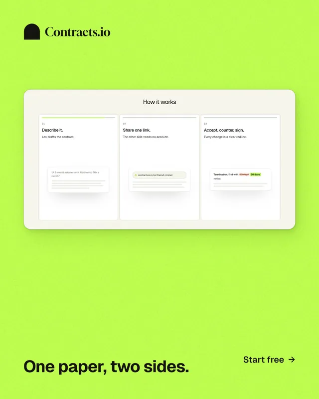 Instagram portrait post for contracts.io: "One paper, two sides." Swiss style, image led layout, light palette in green, white.