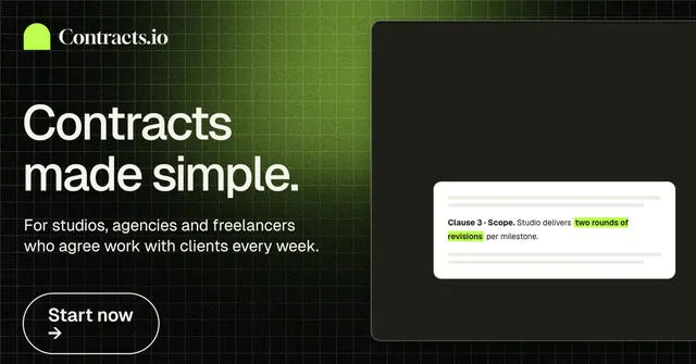 Social ad for contracts.io: "Contracts made simple." Phosphor atlas style, bottom layout, dark palette in black, green.