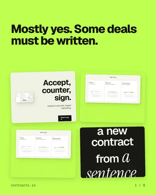 Carousel for contracts.io: "Mostly yes. Some deals must be written.". Collection carousel, 8 slides, light palette.
