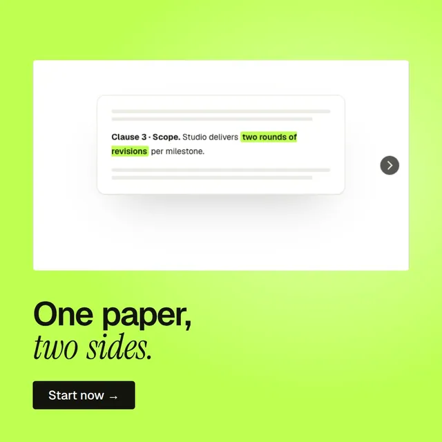 Video for contracts.io: "One paper, two sides.". Doc motion loop, 6.0 s, light palette.