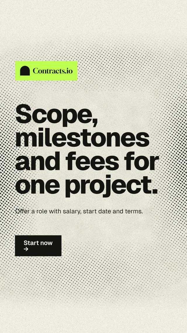 Instagram story for contracts.io: "Scope, milestones and fees for one project." Ink sticker style, announce layout, light palette in white, yellow, grey.
