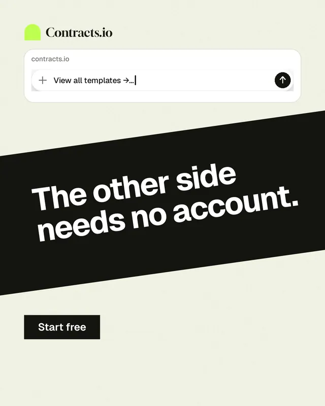 Instagram portrait post for contracts.io: "The other side needs no account." Swiss style, diagonal layout, light palette in white, black, green.