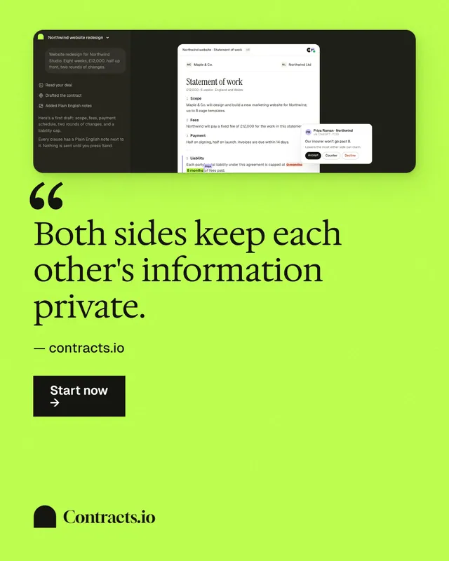 Instagram portrait post for contracts.io: "Both sides keep each other's information private." Swiss style, quote layout, light palette in green.