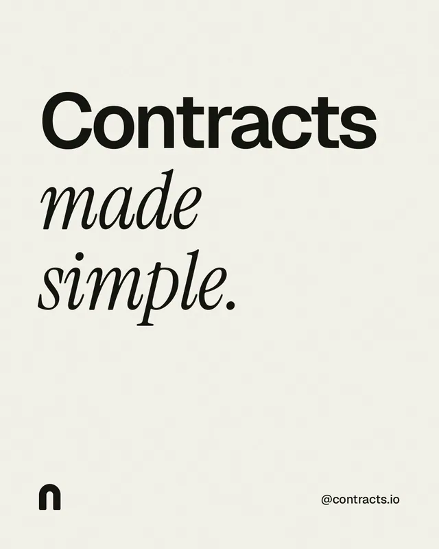 Instagram portrait post for contracts.io: "Contracts made simple." Editorial style, technique:mixed type lockup layout, light palette in white, grey.
