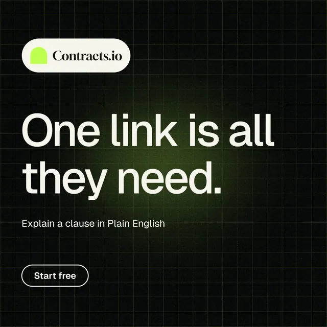Instagram post for contracts.io: "One link is all they need." Phosphor atlas style, announce layout, dark palette in black, green, grey.