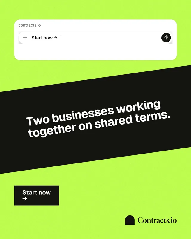Instagram portrait post for contracts.io: "Two businesses working together on shared terms." Swiss style, diagonal layout, light palette in green, black.