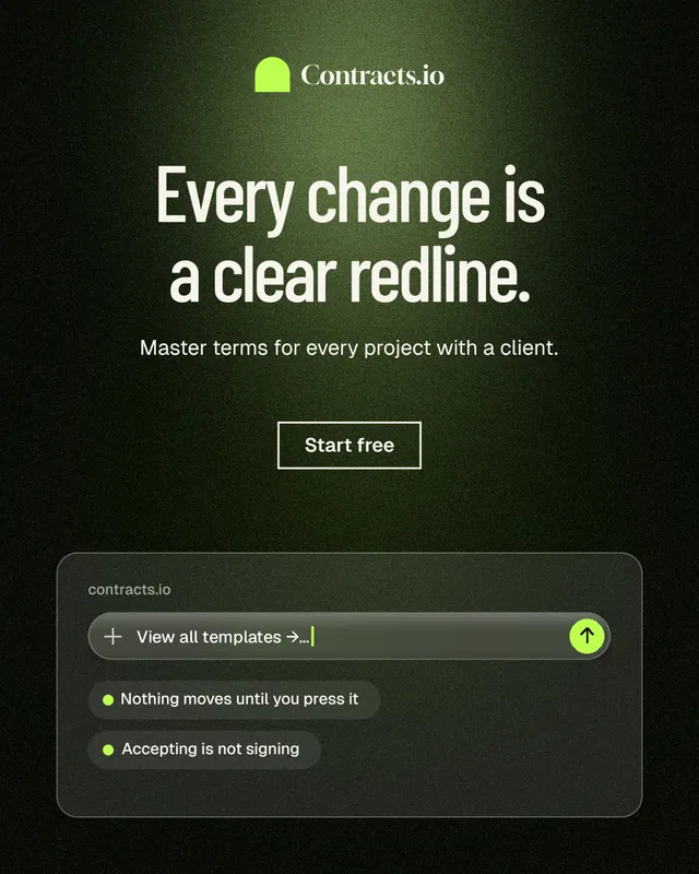 Instagram portrait post for contracts.io: "Every change is a clear redline." Dark deco style, centred layout, dark palette in black, green, grey.
