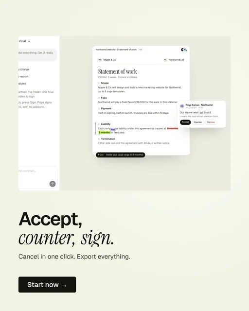 Video for contracts.io: "Accept, counter, sign.". Doc motion loop, 7.0 s, light palette.