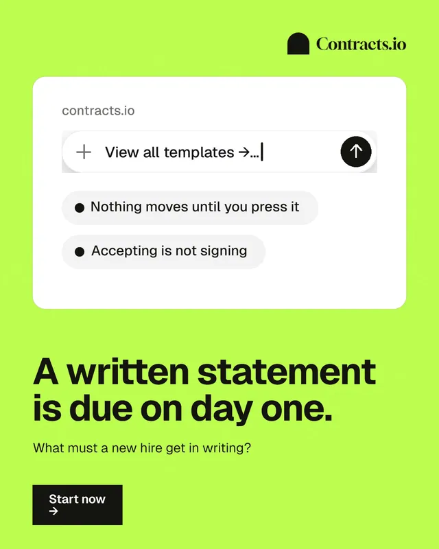 Instagram portrait post for contracts.io: "A written statement is due on day one." Swiss style, bottom layout, light palette in white, green.