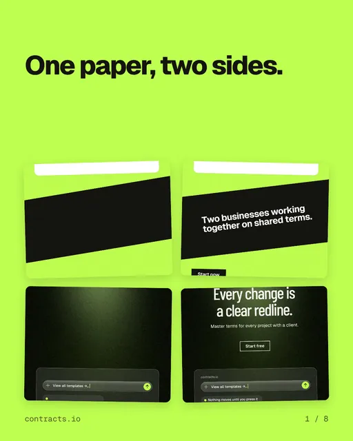 Carousel for contracts.io: "One paper, two sides.". Collection carousel, 8 slides, light palette.