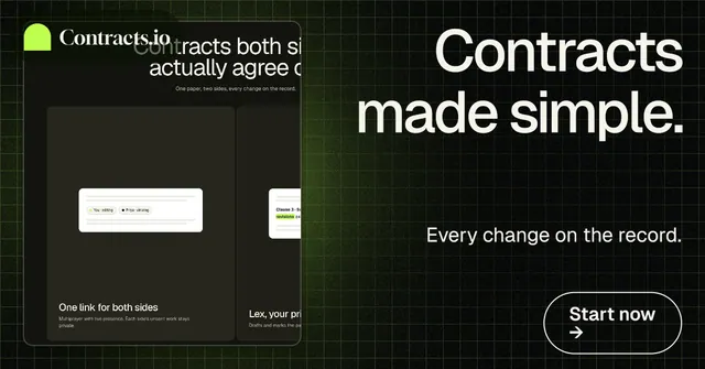 Social ad for contracts.io: "Contracts made simple." Phosphor atlas style, right layout, dark palette in black, grey.
