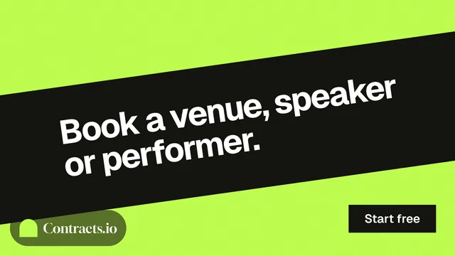 Landscape graphic for contracts.io: "Book a venue, speaker or performer." Swiss style, diagonal layout, light palette in black, green.