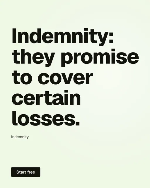 Video for contracts.io: "Indemnity: they promise to cover certain losses.". Doc motion loop, 8.0 s, light palette.