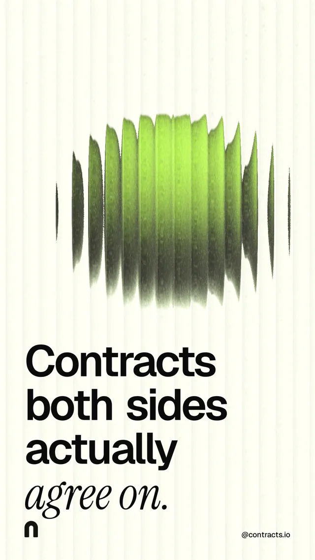 Instagram story for contracts.io: "Contracts both sides actually agree on." Auto 9x16 style, technique:shader field layout, light palette in white, grey, green.