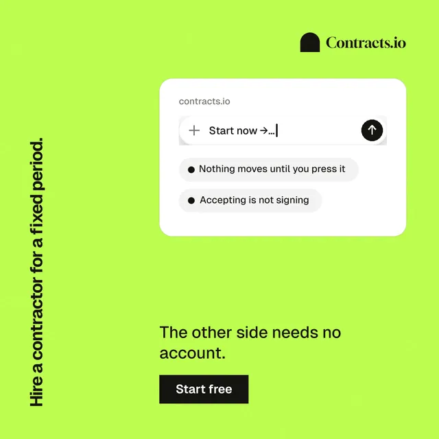 Instagram post for contracts.io: "Hire a contractor for a fixed period." Swiss style, vertical layout, light palette in green, white.