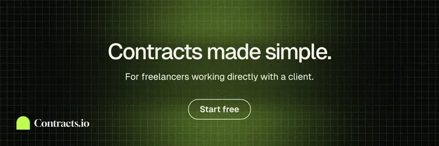 X header for contracts.io: "Contracts made simple." Phosphor atlas style, centred layout, dark palette in green, black.