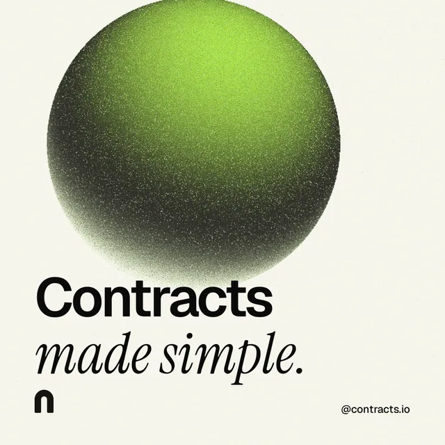 Instagram post for contracts.io: "Contracts made simple." Auto 1x1 style, technique:shader field layout, light palette in white, green.