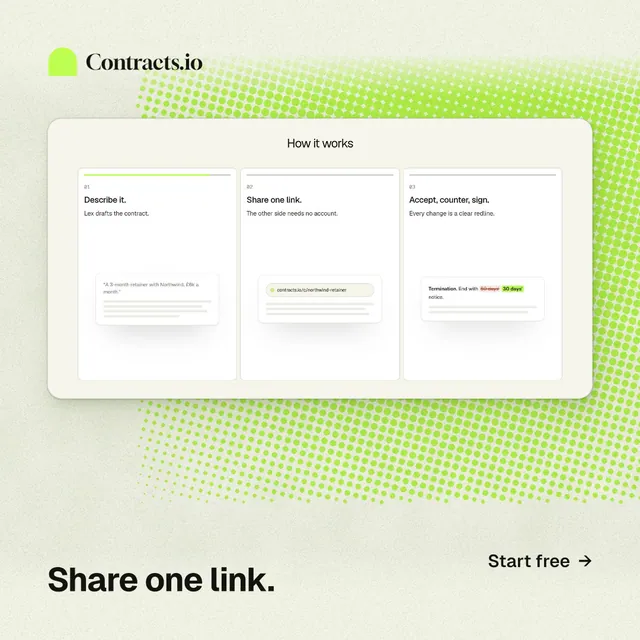 Instagram post for contracts.io: "Share one link." Swiss style, image led layout, light palette in green, white.