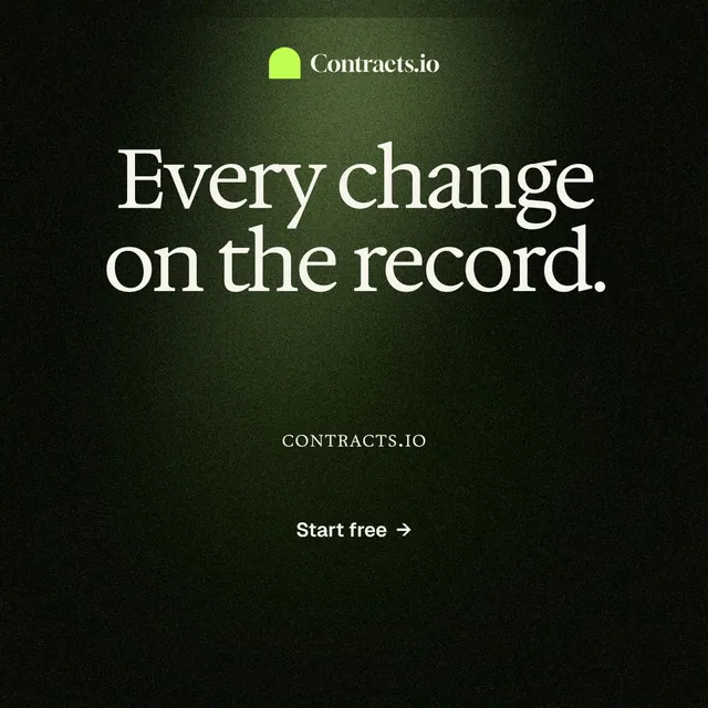 Instagram post for contracts.io: "Every change on the record." Dark deco style, smallcaps layout, dark palette in black, grey.