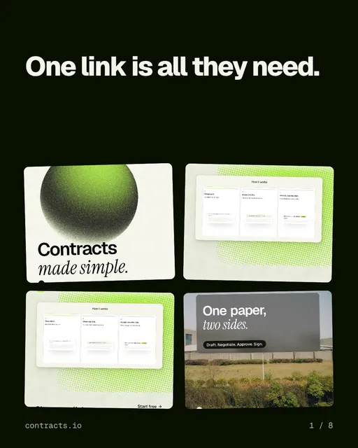 Carousel for contracts.io: "One link is all they need.". Collection carousel, 8 slides, dark palette.