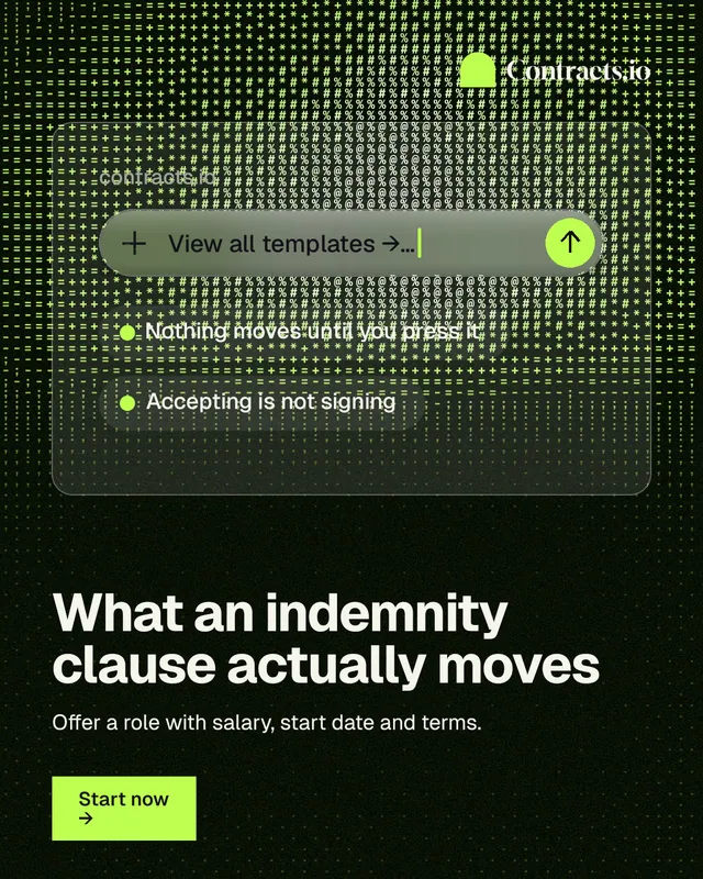 Instagram portrait post for contracts.io: "What an indemnity clause actually moves". Swiss style, bottom layout, dark palette in black, green, grey.