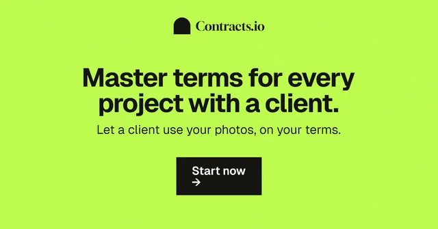 Social ad for contracts.io: "Master terms for every project with a client." Swiss style, centred layout, light palette in green.