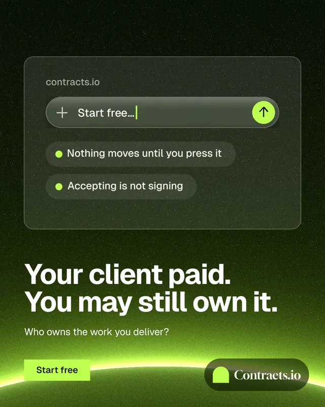 Instagram portrait post for contracts.io: "Your client paid. You may still own it." Swiss style, bottom layout, dark palette in green, black.