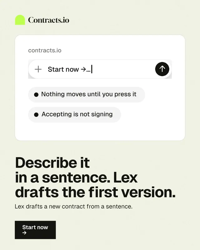 Instagram portrait post for contracts.io: "Describe it in a sentence. Lex drafts the first version." Swiss style, bottom layout, light palette in white, grey.
