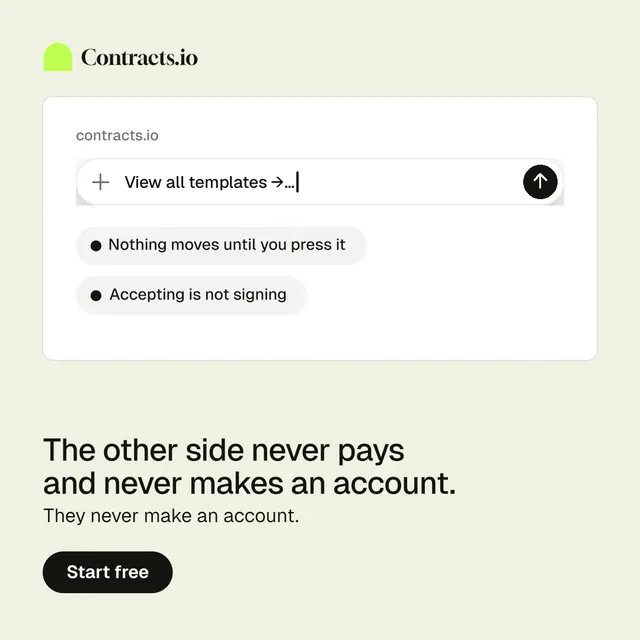 Instagram post for contracts.io: "The other side never pays and never makes an account." Data card style, bottom layout, light palette in white.