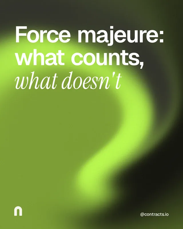 Instagram portrait post for contracts.io: "Force majeure: what counts, what doesn't". Auto 4x5 style, technique:shader field layout, light palette in green.
