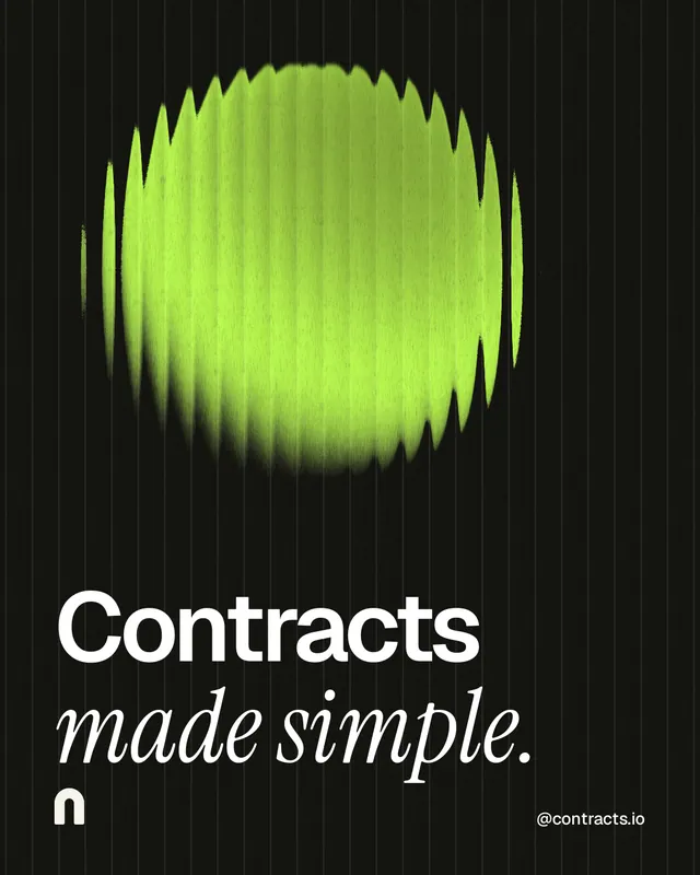 Instagram portrait post for contracts.io: "Contracts made simple." Auto 4x5 style, technique:shader field layout, dark palette in black, green.