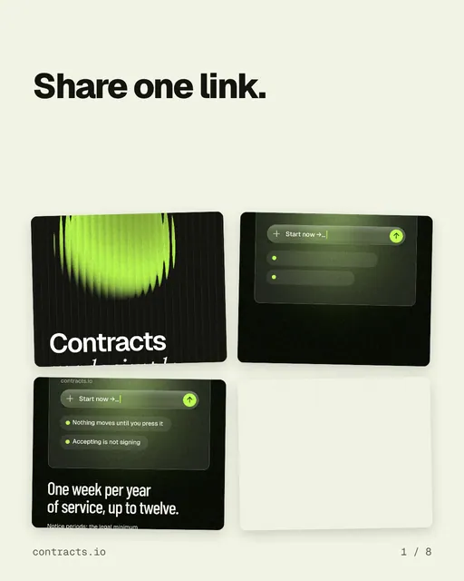 Carousel for contracts.io: "Share one link.". Collection carousel, 8 slides, light palette.