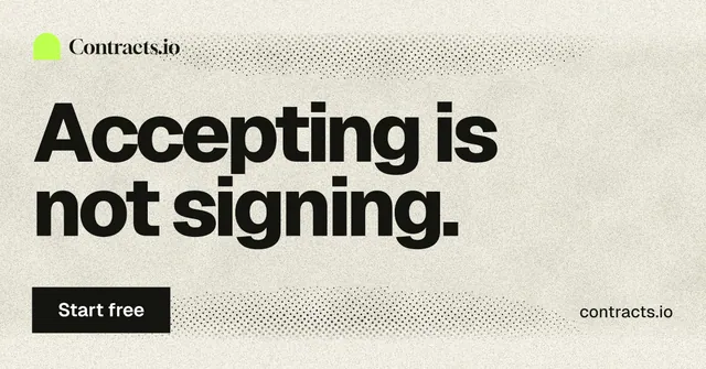 Social ad for contracts.io: "Accepting is not signing." Ink sticker style, poster layout, light palette in yellow, grey.