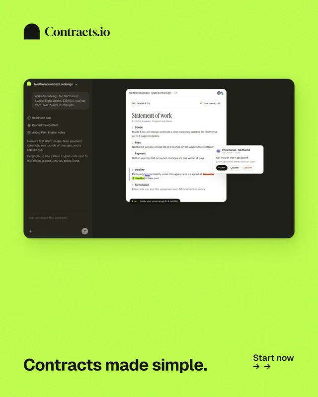 Instagram portrait post for contracts.io: "Contracts made simple." Swiss style, image led layout, light palette in green.
