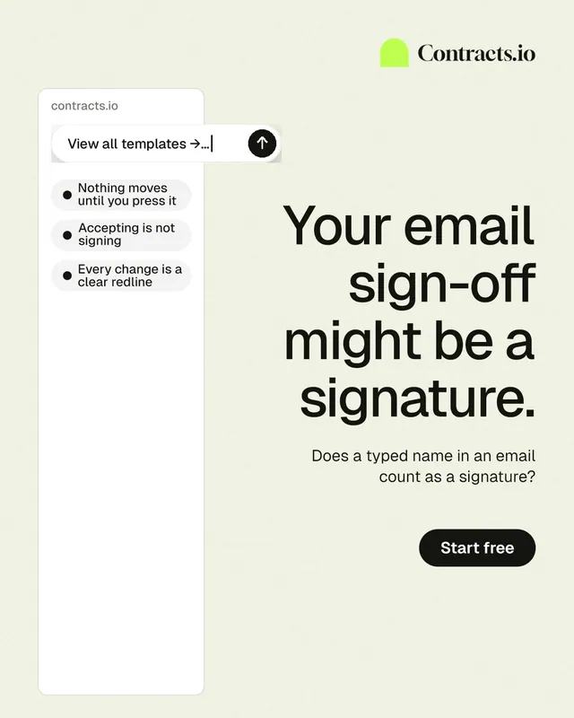 Instagram portrait post for contracts.io: "Your email sign-off might be a signature." Data card style, right layout, light palette in white, grey.