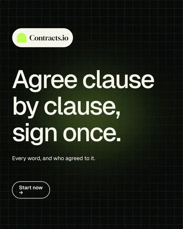 Instagram portrait post for contracts.io: "Agree clause by clause, sign once." Phosphor atlas style, announce layout, dark palette in black, green, grey.