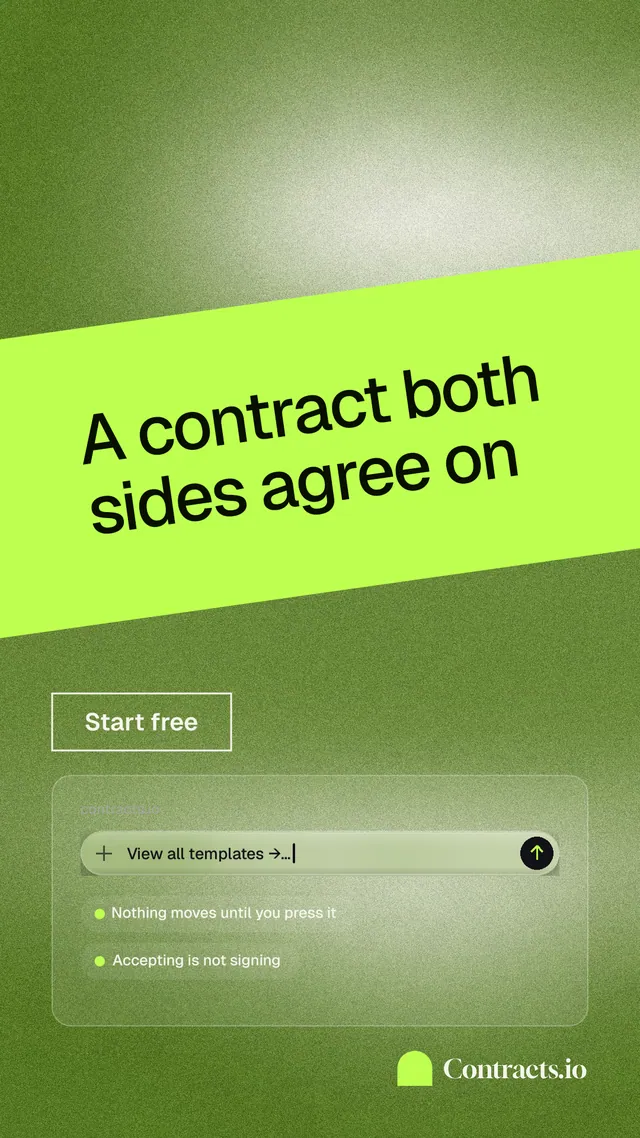 Instagram story for contracts.io: "A contract both sides agree on". Cyanotype style, diagonal layout, light palette in green.