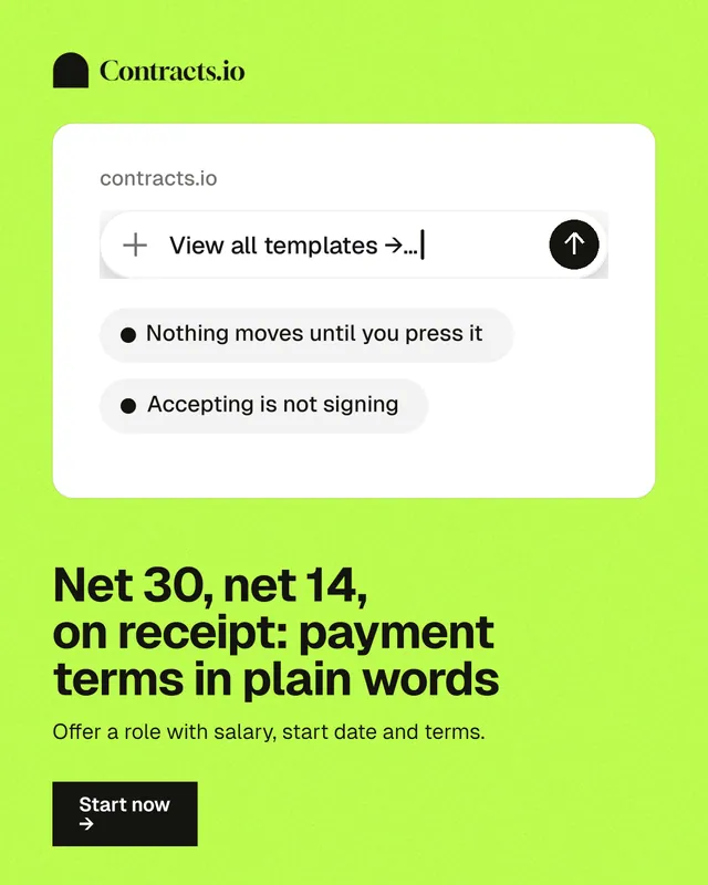 Instagram portrait post for contracts.io: "Net 30, net 14, on receipt: payment terms in plain words". Swiss style, bottom layout, light palette in green, white.