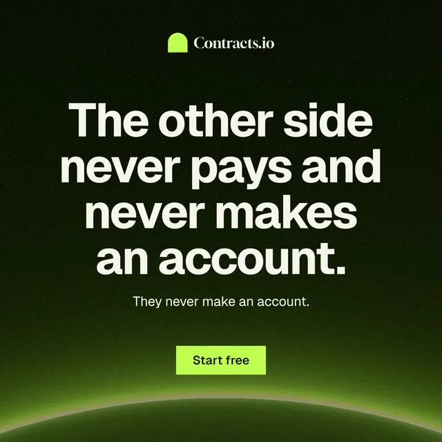 Instagram post for contracts.io: "The other side never pays and never makes an account." Swiss style, centred layout, dark palette in black, green.