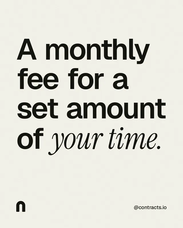Instagram portrait post for contracts.io: "A monthly fee for a set amount of your time." Editorial style, technique:mixed type lockup layout, light palette in white, grey.