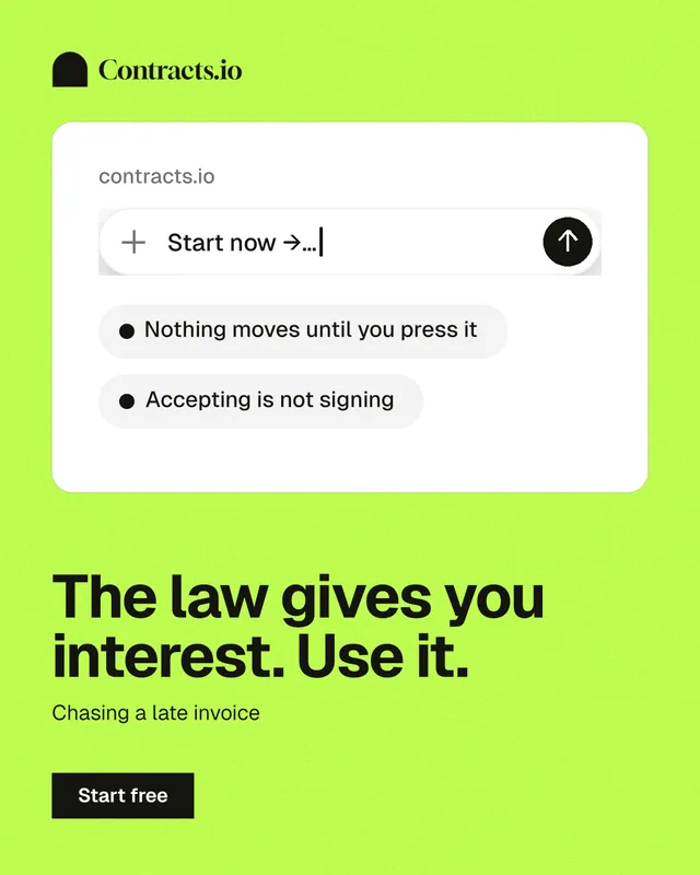 Instagram portrait post for contracts.io: "The law gives you interest. Use it." Swiss style, bottom layout, light palette in green, white.