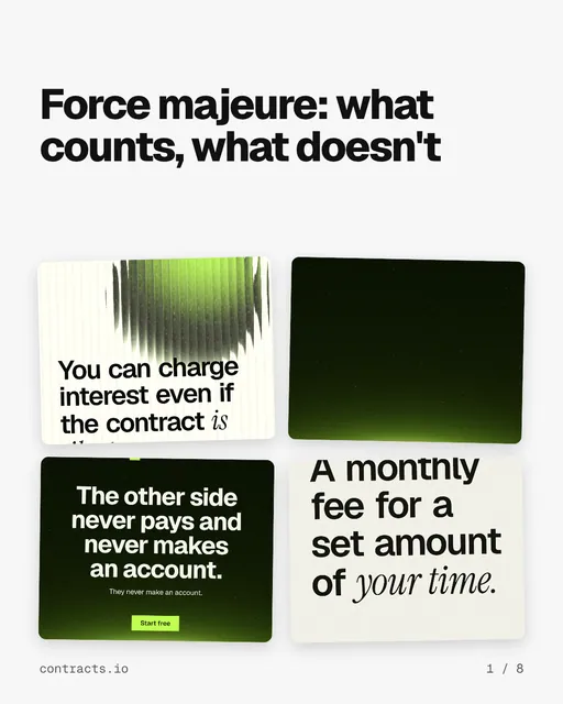 Carousel for contracts.io: "Force majeure: what counts, what doesn't". Collection carousel, 8 slides, light palette.