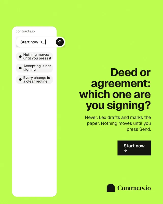Instagram portrait post for contracts.io: "Deed or agreement: which one are you signing?" Swiss style, right layout, light palette in green, white.