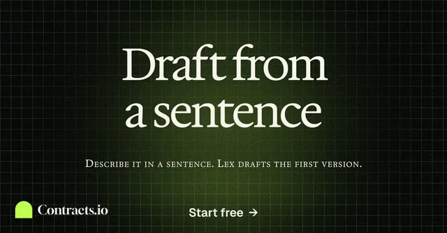 Social ad for contracts.io: "Draft from a sentence". Phosphor atlas style, smallcaps layout, dark palette in black, green.