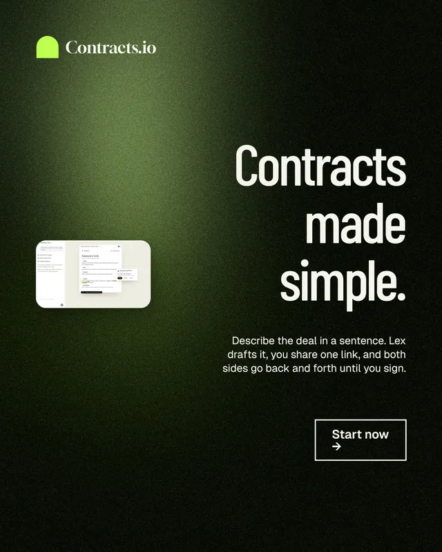 Instagram portrait post for contracts.io: "Contracts made simple." Dark deco style, right layout, dark palette in green, black, grey.