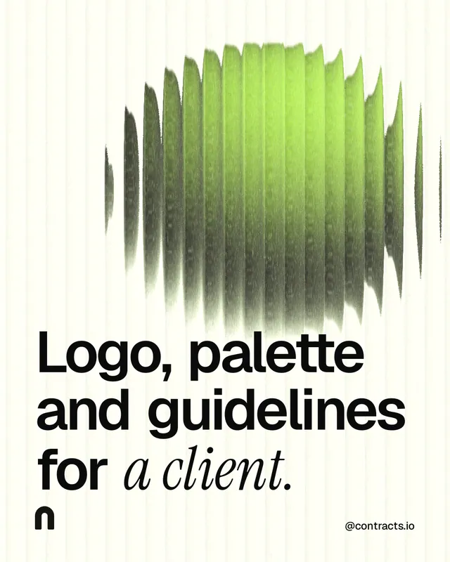 Instagram portrait post for contracts.io: "Logo, palette and guidelines for a client." Auto 4x5 style, technique:shader field layout, light palette in white, grey, green.